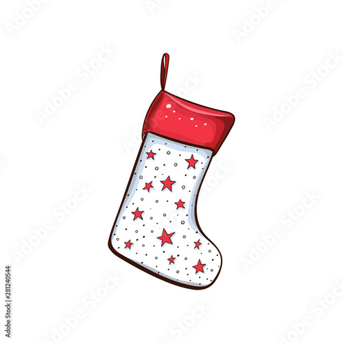 Xmas sock hand drawn illustration. Christmas, New Year decoration. Xmas stocking with stars pattern isolated vector design element. Winter holiday greeting card, poster, color clipart