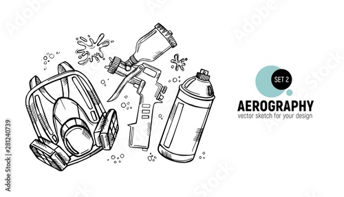 Hand drawn vector illustration of aerography tools. Protective mask, respirator, airbrush and spray paint. Set 2