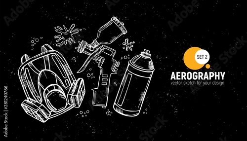 Hand drawn vector illustration of aerography tools. Protective mask, respirator, airbrush and spray paint. Set 2