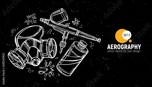 Hand drawn vector illustration of aerography tools. Protective mask, respirator, airbrush and paint. Set 5