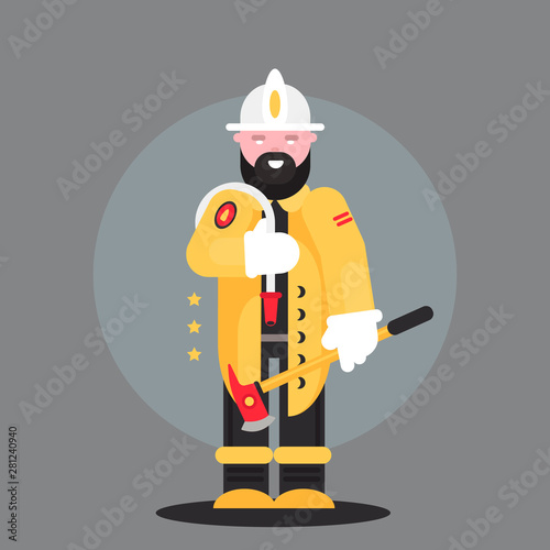 Firefighter, man from fire brigade, standing full face in form of fireman, with personal protective equipment, bunker or turnout gear. Vector illustration