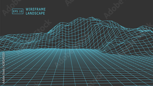 Abstract digital vector landscape background. Wireframe terrain polygon landscape design. EPS 10. Blue grid