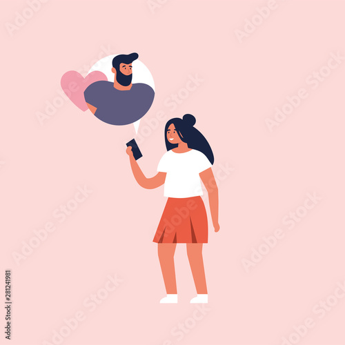 Vector concept on online dating application, flat design. Young girl holding mobile device and chatting with her boyfriend.
