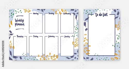 Bundle of weekly planner and to-do-list templates with frame decorated by brush strokes, paint traces and scribble. Effective daily task and appointment planning. Modern creative vector illustration. photo