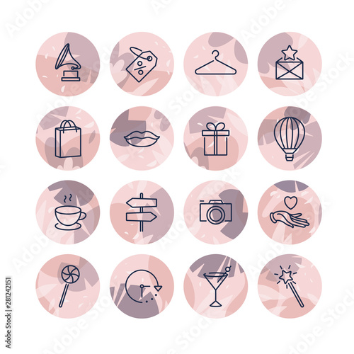 Vector set design colorful templates icons and emblems - social media story highlight. Different blogger icons in trendy linear style isolated on white background.