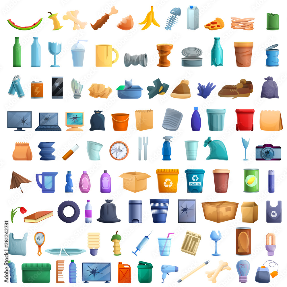 Garbage icons set. Cartoon set of garbage vector icons for web design Garbage icons set. Cartoon set of garbage vector icons for web design