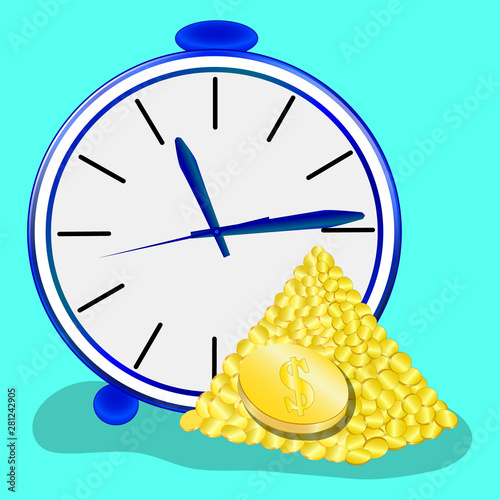 Time is the concept of money, alarm. Clock and coins, long-term financial investment, future income, monetary profit. Lots of coins. Vector
