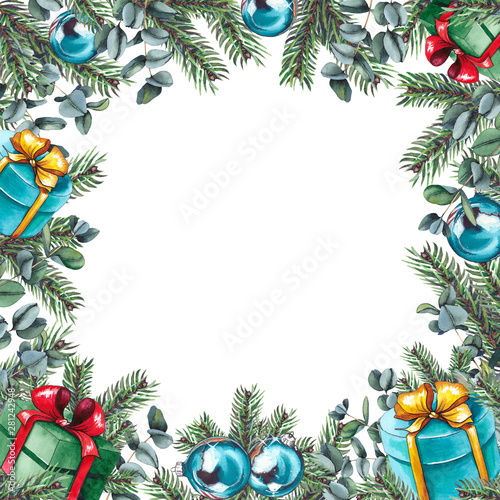 Christmas frame with fir branches, eucalyptus leaves, gift boxes and Christmas balls. Watercolor isolated on white background.
