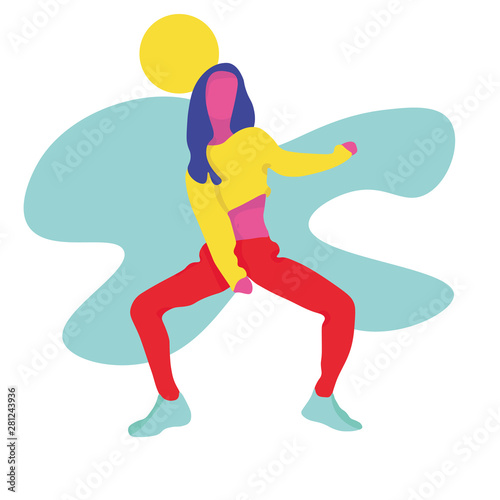 Girl in flat-style vigorously dancing. In motion. Bright and active vector illustration.
