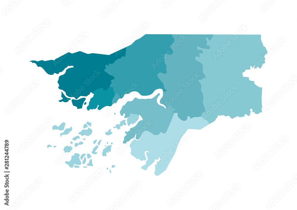 Obraz premium Vector isolated illustration of simplified administrative map of Guinea-Bissau. Borders of the regions. Colorful blue khaki silhouettes
