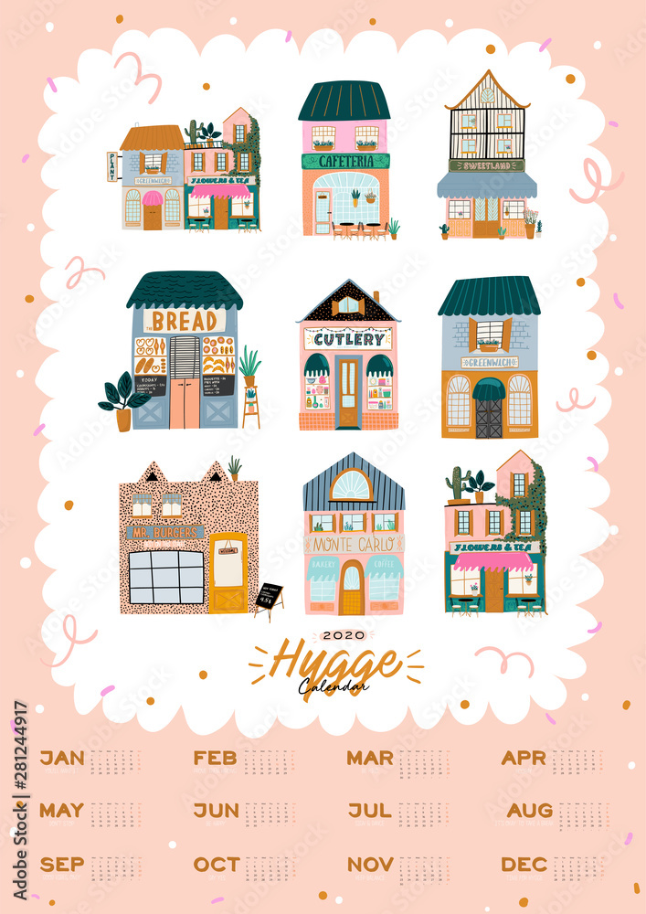 Wall calendar. 2020 Yearly Planner with all Months. Good Organizer and Schedule. Cute house background. Motivational quote lettering. Flat vector illustration in trendy style