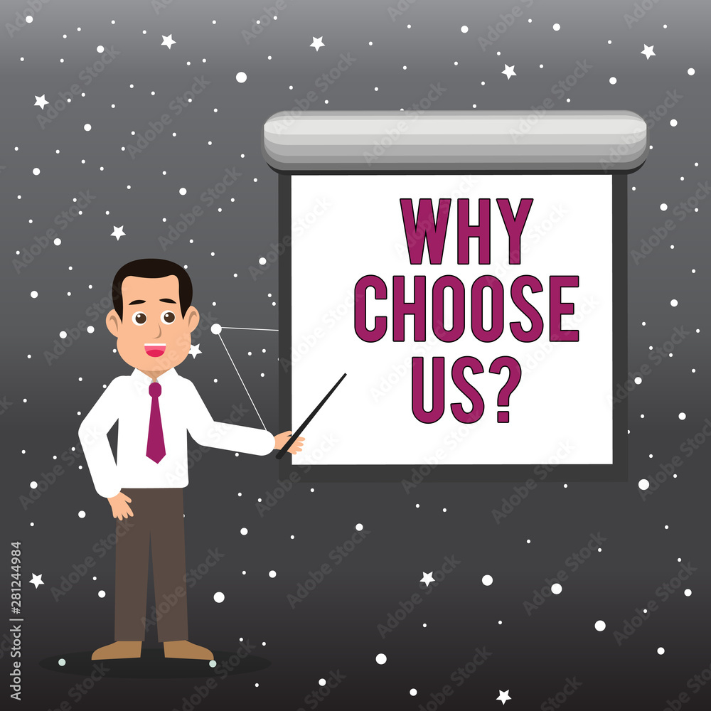 Handwriting text Why Choose Usquestion. Conceptual photo Reasons to select our Services Products or Offers Man in Necktie Talking Holding Stick Pointing to Blank White Screen on Wall Handwriting text Why Choose Usquestion. Conceptual photo Reasons to select our Services Products or Offers Man in Necktie Talking Holding Stick Pointing to Blank White Screen on Wall