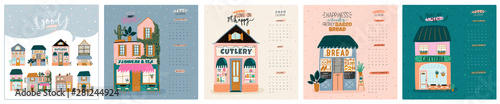 Wall calendar. 2020 Yearly Planner with all Months. Good Organizer and Schedule. Cute house background. Motivational quote lettering. Flat vector illustration in trendy style