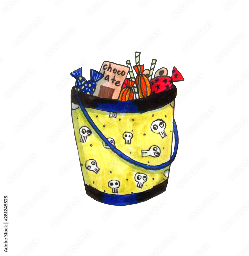 Obraz premium Halloween hand-drawn illustration. Yellow bag with scull pattern full of sweets for halloween! Isolated on white background. Watercolor element for card, invitations and holiday design.