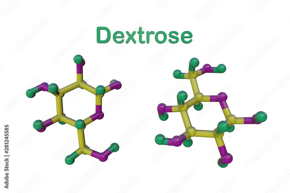 Molecular model of dextrose or glucose, a simple sugar circulates in the blood as blood sugar. Scientific background. 3d illustration Molecular model of dextrose or glucose, a simple sugar circulates in the blood as blood sugar. Scientific background. 3d illustration