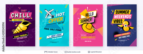 Fototapeta Set of summer season ad posters in pop-art style.