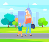 Mother and child cartoon style people walking in city park. Vector boy with air balloon and woman with briefcase, motherhood concept, mom and son