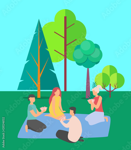 Friends playing game vector, spending time together in park with green trees, young people on summer outdoor recreation, adults with cards on picnic