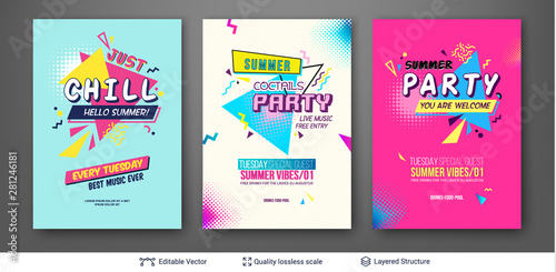Set of summer season ad posters in pop-art style.
