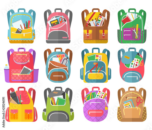 Backpack full of stationery objects, back to school. Vector isolated rucksacks with exercise books, pens and pencils, rulers and textbooks isolated. Set of school bags. Multicolor backpacks for kids