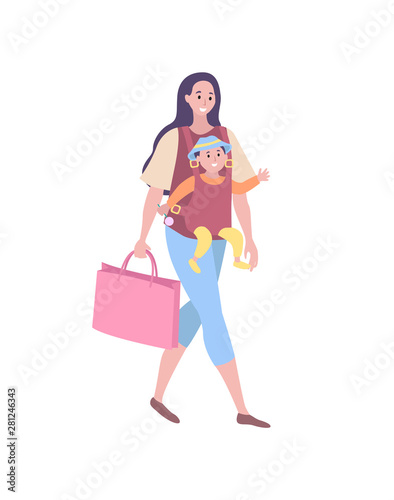 Woman holding bag vector, isolated mother with child walking calmly. Family flat style, baby and mom, brunette character with kid pastime of people