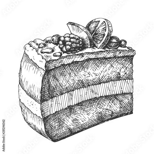 Tasty Creamy Cake Sweet Dessert Vintage Vector. Delicious Cake With Blackberry And Blueberry, Raspberry And Sliced Orange On Cream Concept. Design Gastronomy Product Template Monochrome Illustration