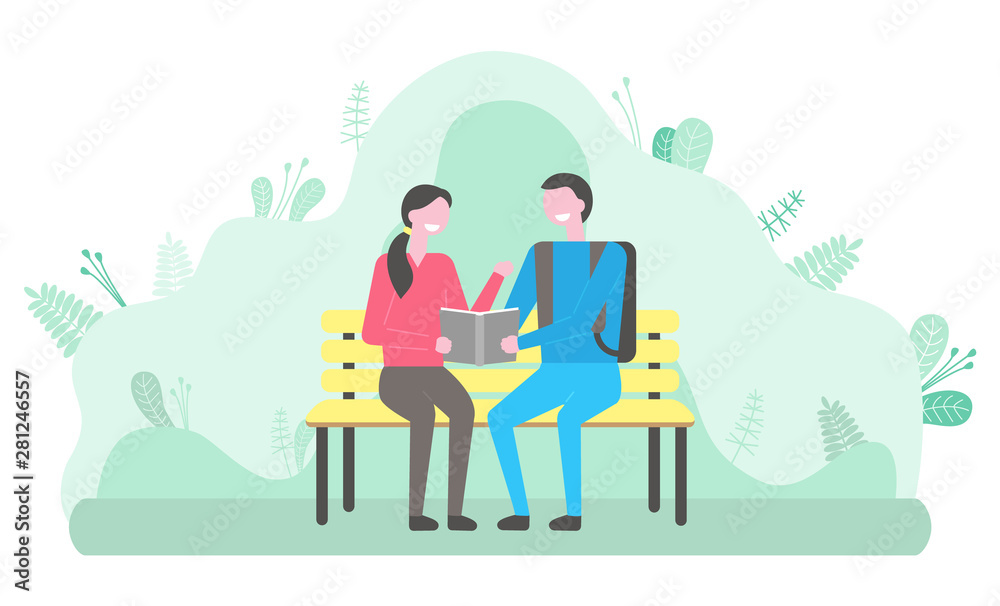Naklejka premium Students reading book in park vector, man and woman preparing for exam. Couple sitting on bench, bookworm male and female relaxing in forest flat style