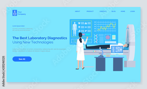 Laboratory diagnostics, using new technologies, patient lying, cardiogram equipment, standing assistant or doctor near screen of health report, computer tomografy CT, magnetic resonance imaging MRI