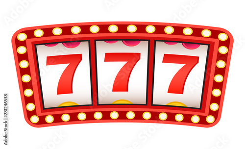 Sign of luck and success vector, isolated signboard. Glowing frame lucky sevens triple 777 number. Casino gambling victory winning money flat style. Win in casino