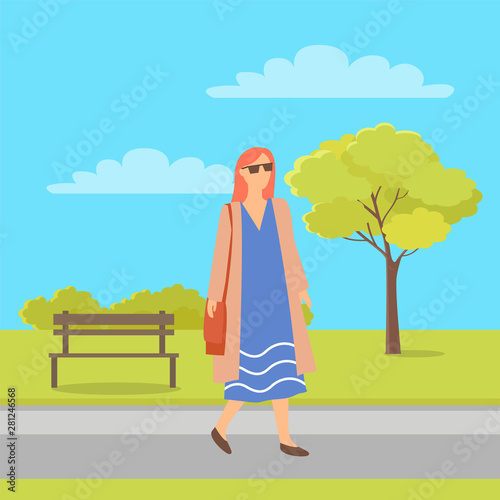 Pretty woman on walk in city park, female in sunglasses, long blue dress having fun outdoors. Vector fashionable lady in summer or spring cloth walking on nature