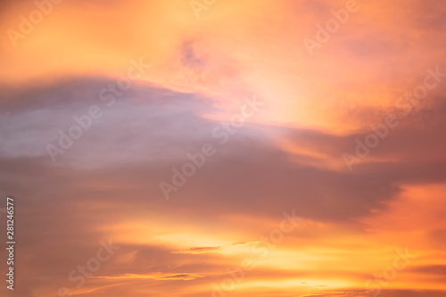 Landscape of the dramatic sunset on the sky with golden clouds in the evening. Colorful on the sky in twilight with clouds. © witsawat