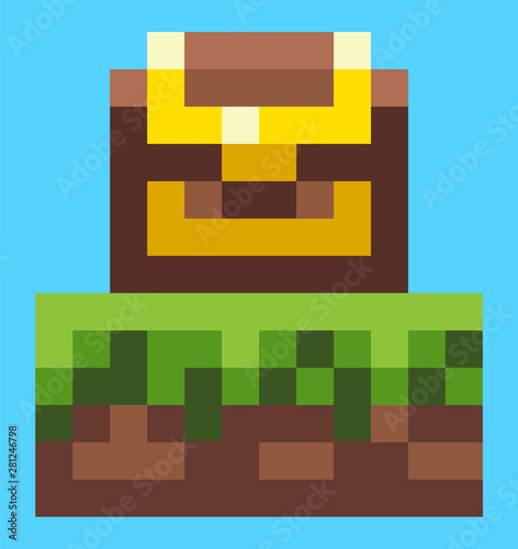 Pixel game graphics vector, wooden box with sealed wealth for lucky finder, locked casket with richness, pixelated container with coins and gold on ground