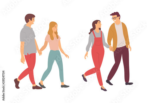 People in love vector, man and woman adults and teenagers on date isolated couples double date. Married male and female holding hands and walking