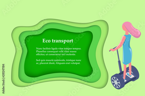 Eco transport, girl riding on gyro scooter, back view. Vector cartoon character on segway with handle, gyroboard modern eco transport, electric board
