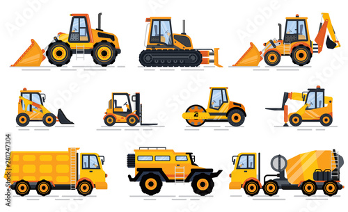 Engineering transport, forklift and tractor, concrete mixing machine, lorry with stairs, off-road car, trucking auto, construction equipment vector