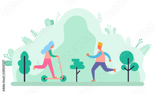 Person riding scooter vector  man and woman in park. Nature with trees and foliage  sportive person in forest  jogging and running workout flat style