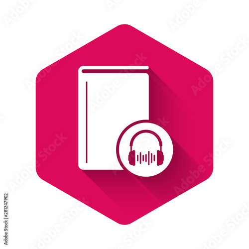 White Audio book icon isolated with long shadow. Book with headphones. Audio guide sign. Online learning concept. Pink hexagon button. Vector Illustration