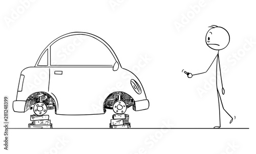 Vector cartoon stick figure drawing conceptual illustration of shocked man who found his car without wheels and tyres.