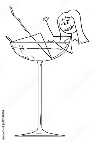 Vector cartoon stick figure drawing conceptual illustration of burlesque sexy seductive woman taking bath in big cocktail glass.
