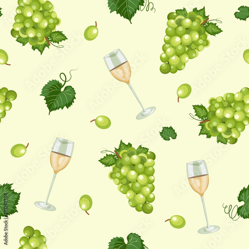 Grape bunch seamless pattern with white wine glasses on green background, White grapes pattern background, White wine vector illustration.