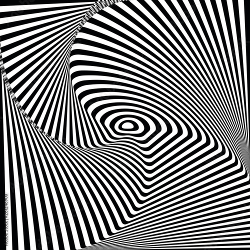 Abstract twisted black and white background. Optical illusion of distorted surface. Twisted stripes. Stylized 3d surface. Vector illustration. Great for wall art, poster, banner, web.