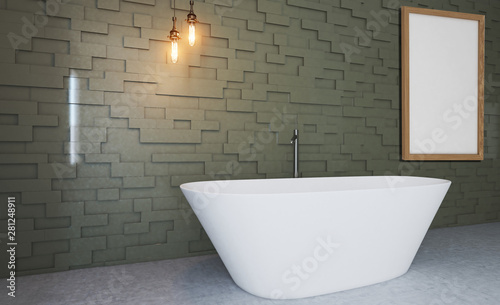 bathroom in an empty room  green walls of wooden panels  antique lamps. 3D rendering. Blank paintings.  Mockup.