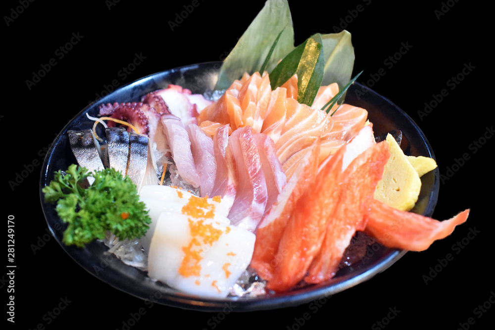 mixed sashimi seafoods on black background, Japanese food mixed sashimi seafoods on black background, Japanese food