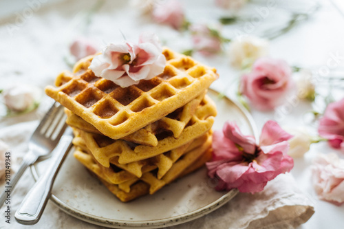 Waffles on a plate of flowers