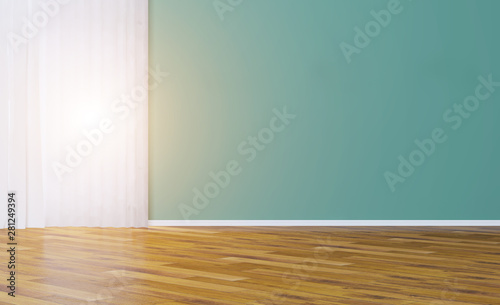 empty interior with birch walls and a large window. decorative vase with white branches. beige parquet made of natural wood.. Sunset