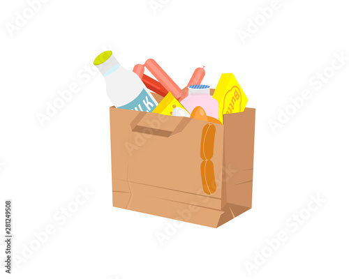 Paper bag with dairy products on a white background. Vector illustration.