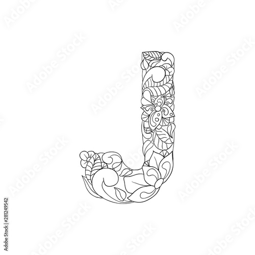 Coloring Book Floral Ornamental Alphabet, Initial Letter J Font. Vector Typography Symbol. Antistress Page for Adults and Monograms.Isolated Poster or Cover Design
