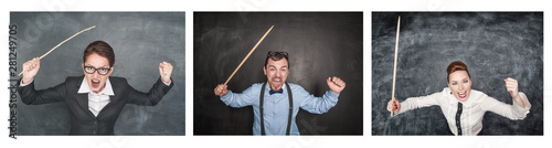 Set of funny angry screaming teachers with pointer on blackboard