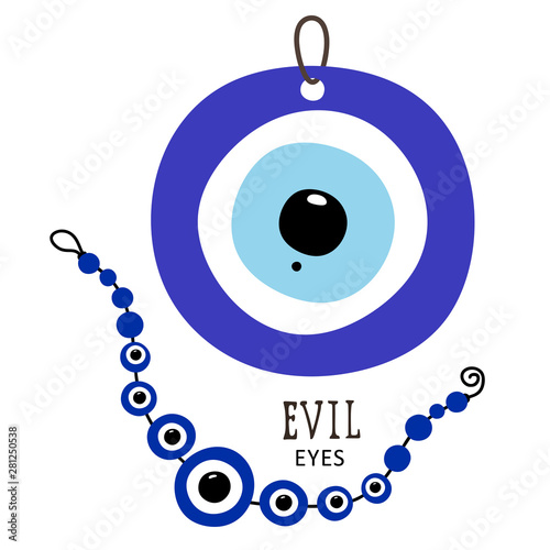 Evil eyes. Set of mascots from pendants and bracelets in the style of flat. Vector isolates on a white background.