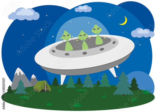 Green aliens on a spaceship. Strangers fly on a flying saucer in the night sky. World UFO Day. Vector illustration.